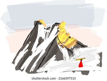 Digital Landscape Painting. Traveler In The Snowy Mountain. Vector Eps Format. 