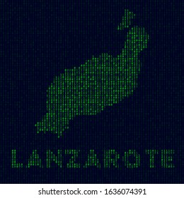 Digital Lanzarote logo. Island symbol in hacker style. Binary code map of Lanzarote with island name. Trendy vector illustration.