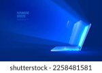Digital laptop concept of online learning in futuristic style. Light effect of a beam of light coming from an open laptop, e-book or e-learning concept. Vector illustration