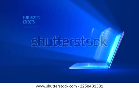 Digital laptop concept of online learning in futuristic style. Light effect of a beam of light coming from an open laptop, e-book or e-learning concept. Vector illustration