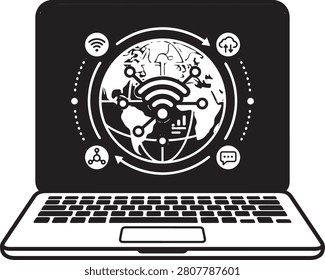 A digital laptop screen showing a world map with interconnected wireless symbols and data transfer icons representing global communication, internet connectivity, and modern information technology in vector format.