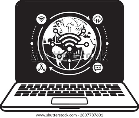 A digital laptop screen showing a world map with interconnected wireless symbols and data transfer icons representing global communication, internet connectivity, and modern information technology in vector format.