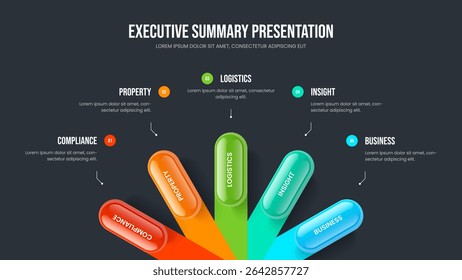 Digital Launch 5 Element Infographic Slideshow Design. Advertising Overview Five Step Diagram Frame Template. Business Strategy Presentation Layout Vector Illustration.