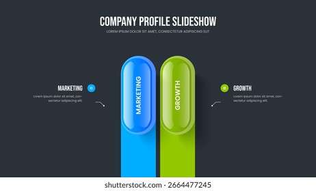 Digital Launch Two Element Infographic Presentation Design (em inglês). Modelo de quadro de diagrama de opção 2 da visão geral do mercado. Ilustração moderna do vetor do layout do slide da introdução.