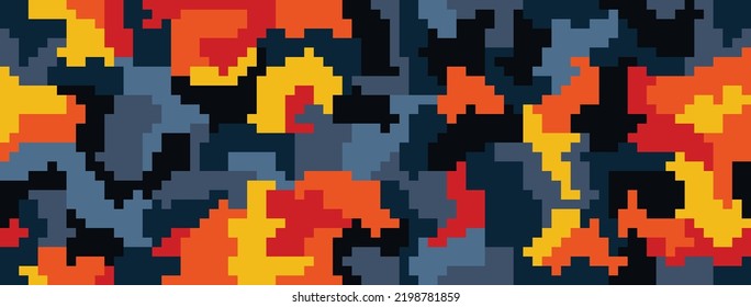 Digital lava flow camo, seamless black orange pattern for your design. Camouflage sporty fiery coloring, modern fabric print. Abstract repeating wallpapers. Vector pixel art texture svg