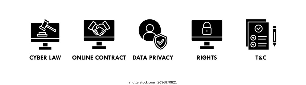 Digital Law banner web icon illustration concept with icon of cyber law, online contract, data privacy, rights, terms and condition