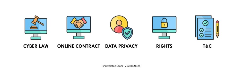 Digital Law banner web icon illustration concept with icon of cyber law, online contract, data privacy, rights, terms and condition
