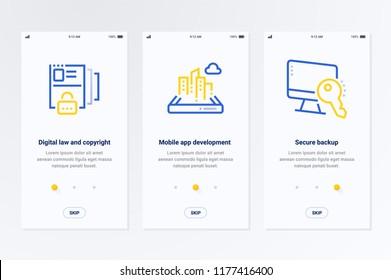 Derecho digital y derechos de autor, desarrollo de aplicaciones móviles, Secure backup Vertical Cards con metáforas fuertes. Plantilla para el diseño del sitio web.