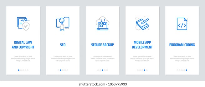 Digital law and copyright, Seo, Secure backup, Mobile app development, Program coding Vertical Cards with strong metaphors. Template for website design.