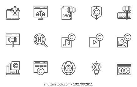 Ley Digital, Copyright Vector Plano Iconos Set. Patente, protección DMCA y privacidad en línea. Trazo editable. 48x48 Pixel Perfecto.