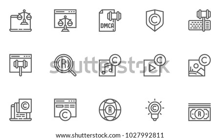 Digital Law, Copyright Vector Flat Line Icons Set. Patent, DMCA Protection and Online Privacy. Editable Stroke. 48x48 Pixel Perfect.