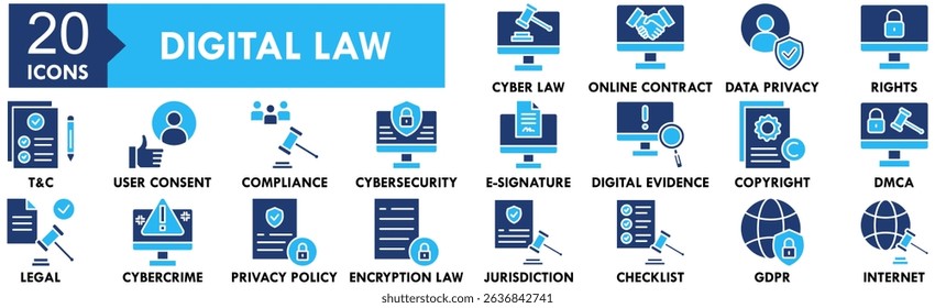 Digital Law icon collection set. Containing design digital, law, technology, business, legal