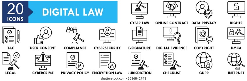 Digital Law icon collection set. Containing design digital, law, technology, business, legal