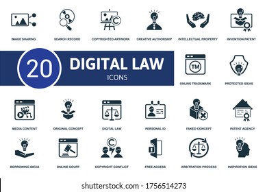 Digital Law icon set. Collection contain inspiration ideas, patent agency, faked concept, media content and over icons. Digital Law elements set.