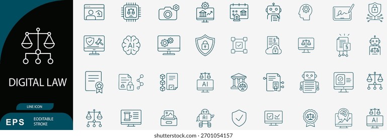 Conjunto de iconos de línea de ley digital, seguridad cibernética y regulación legal de IA Vector
