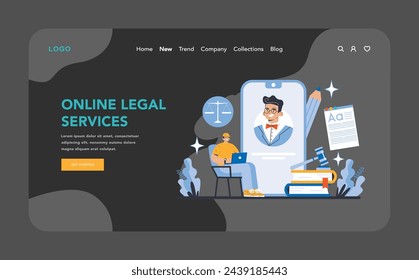 Digital Law Nacht oder Dark Mode Web oder Landing Page. Virtuelle Rechtsberatung und Dokumentendienste. Einfacher Zugriff auf Online-Anwälte und Rechtsmittel. Navigieren im digitalen Zeitalter.