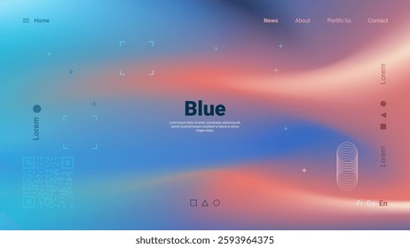 A digital layout displays a modern abstract design with smooth gradients transitioning between blue and coral hues. Various geometric shapes and text elements enhance the aesthetic.