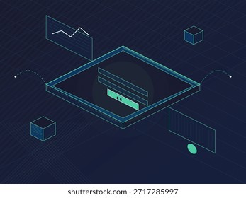 A digital layout with geometric shapes and graphs. Lines connect the elements, and it represents data processing and analysis in a tech environment.