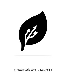 Digital leaf icon. USB symbol. Eco technology element.  Natural charge sign. Flat design. Vector illustration. 