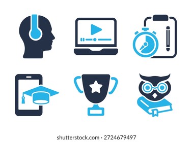 Conjunto de iconos de aprendizaje digital y logro académico. Iconos de la serie de glifos sólidos