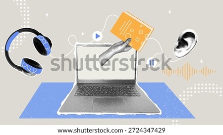 Digital learning and access to audio content. Fashionable collage in halftone tones. Learning concepts, e-books and access to information. Vector illustration