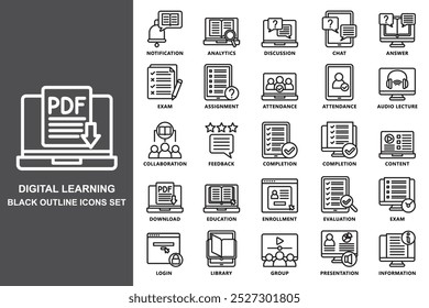 Digital learning black outline icons set. contain notification, analytics, exam, audio lecture, download, education, group and more. use for modern concept, web and app development. Vector EPS 10