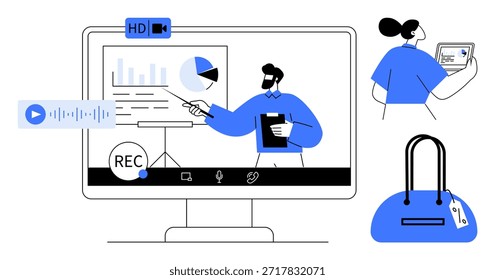 Digital learning, business communication, online retail, content creation, e-learning, virtual meetings. A person presenting data on a screen, a woman shopping online and a handbag icon. Digital