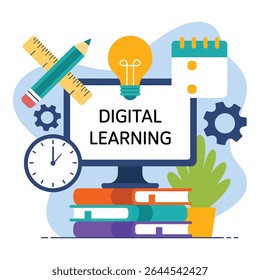 Digital learning concept with computer and school supplies