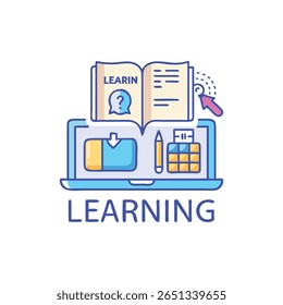 Digital learning concept featuring a book over a laptop screen. Flat vector style illustration of learning online with technology.