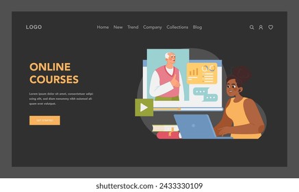 Concepto de aprendizaje digital. Una estudiante negra centrada interactúa con la interfaz de cursos en línea, lo que representa un enfoque moderno de la educación a través de estudios basados en la web. Ilustración vectorial plana
