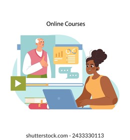 Digital learning concept. Focused female black student interacts with online course interface, representing modern approach to education through web-based studies. Flat vector illustration