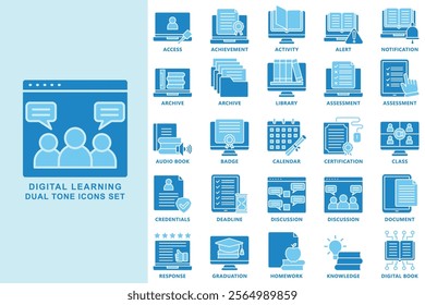 Digital learning dual tone blue color icons set. contain access, archive, library, assessment, deadline, discussion, homework and more. use for modern concept, web and app development. Vector EPS 10