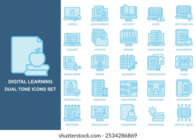 Digital learning dual tone icons set. contain access, archive, library, assessment, discussion, homework, badge, knowledge and more. use for modern concept, web and app development. Vector EPS 10