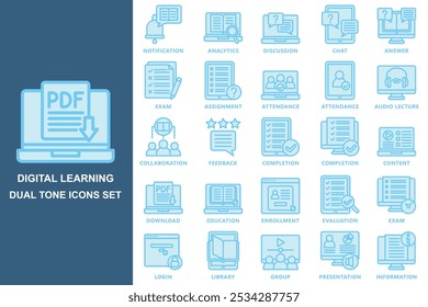 Digital learning dual tone icons set. contain notification, analytics, chat, completion, content, download, exam, presentation and more. use for modern concept, web and app development. Vector EPS 10 - Powered by Shutterstock - Get 15% off with code: PIKWIZARD15