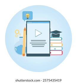 Digital learning with an educational tablet, books, and a graduation cap showcasing e-learning themes. Flat vector modern illustration 