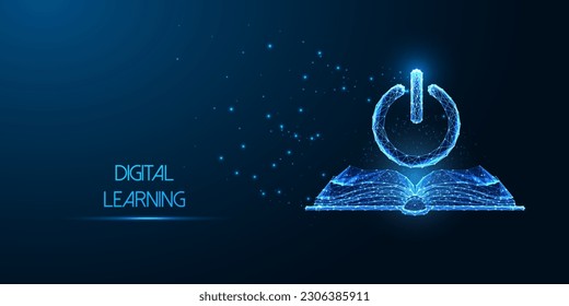 Digital learning, E-learning platforms futuristic concept with open book and power button in glowing low polygonal style on dark blue background. AR in education. Abstract design vector illustration. 