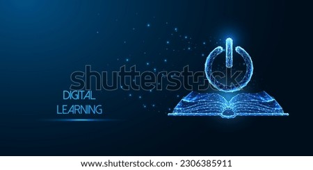 Digital learning, E-learning platforms futuristic concept with open book and power button in glowing low polygonal style on dark blue background. AR in education. Abstract design vector illustration. 