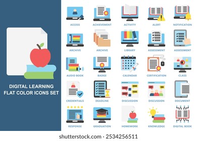 Digital learning flat color icons set. contain access, archive, library, assessment, discussion, homework, badge, knowledge and more. use for modern concept, web and app development. Vector EPS 10