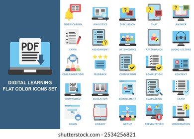 Digital learning flat color icons set. contain notification, analytics, chat, completion, content, download, presentation and more. use for modern concept, web and app development. Vector EPS 10 - Powered by Shutterstock - Get 15% off with code: PIKWIZARD15