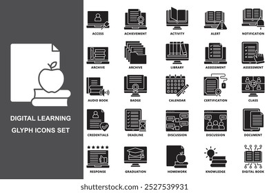 Digital learning glyph icons set. contain access, archive, library, assessment, deadline, discussion, homework, knowledge and more. use for modern concept, web and app development. Vector EPS 10