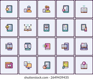 Digitale Lernsymbole für eBook-Technologie und Online-Bildungsplattformen
