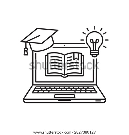 Digital learning icon set. Graduation cap open book bright idea symbol on laptop display. Useful for e-learning knowledge or academic achievement advertising.