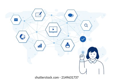 ilustración de aprendizaje digital: plataforma de educación en línea, tecnología de aprendizaje electrónico, pantalla virtual de contacto de personas