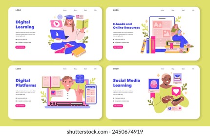 Digital Learning interface set Harnessing technology for education with online courses, e-books, digital platforms, and social media Streamlined learning for diverse needs Vector illustration