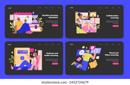 Digital Learning interface set Harnessing technology for education with online courses, e-books, digital platforms, and social media Streamlined learning for diverse needs Vector illustration