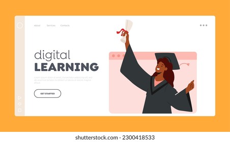 Digital Learning Landing Page Template. Online Graduation Ceremony With African american Girl Bachelor Character Displaying Diploma On Laptop Screen. Cartoon People Vector Illustration