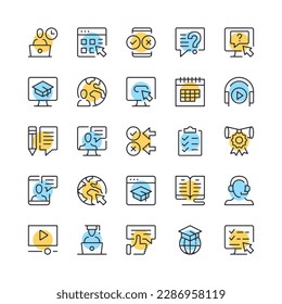 Digital learning line icons. Set of elearning icons. Black, blue and yellow colors. Modern outline graphic design. Vector line icons set