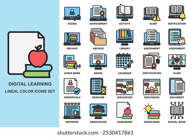 Digital learning lineal color icons set. contain access, archive, library, assessment, discussion, homework, badge, knowledge and more. use for modern concept, web and app development. Vector EPS 10