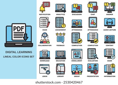 Digital learning lineal color icons set. contain notification, analytics, chat, completion, content, download, presentation and more. use for modern concept, web and app development. Vector EPS 10