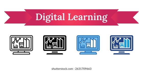 Digital Learning - Multi Style Outline, Glyph Silhouette, Blue, Dual Tone Icon - Monitor with analytics and industry graphics, representing online education and digital skill tracking